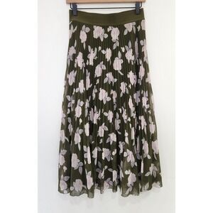 Wilfred Aritzia Twirl Skirt Olive Green Pink Floral Pleated Midi Skirt Womens M